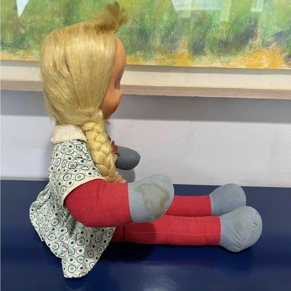 Carnival Plastic Face Cloth Fabric Doll Blonde Hair Braids Blue Eyes Vintage 60s
